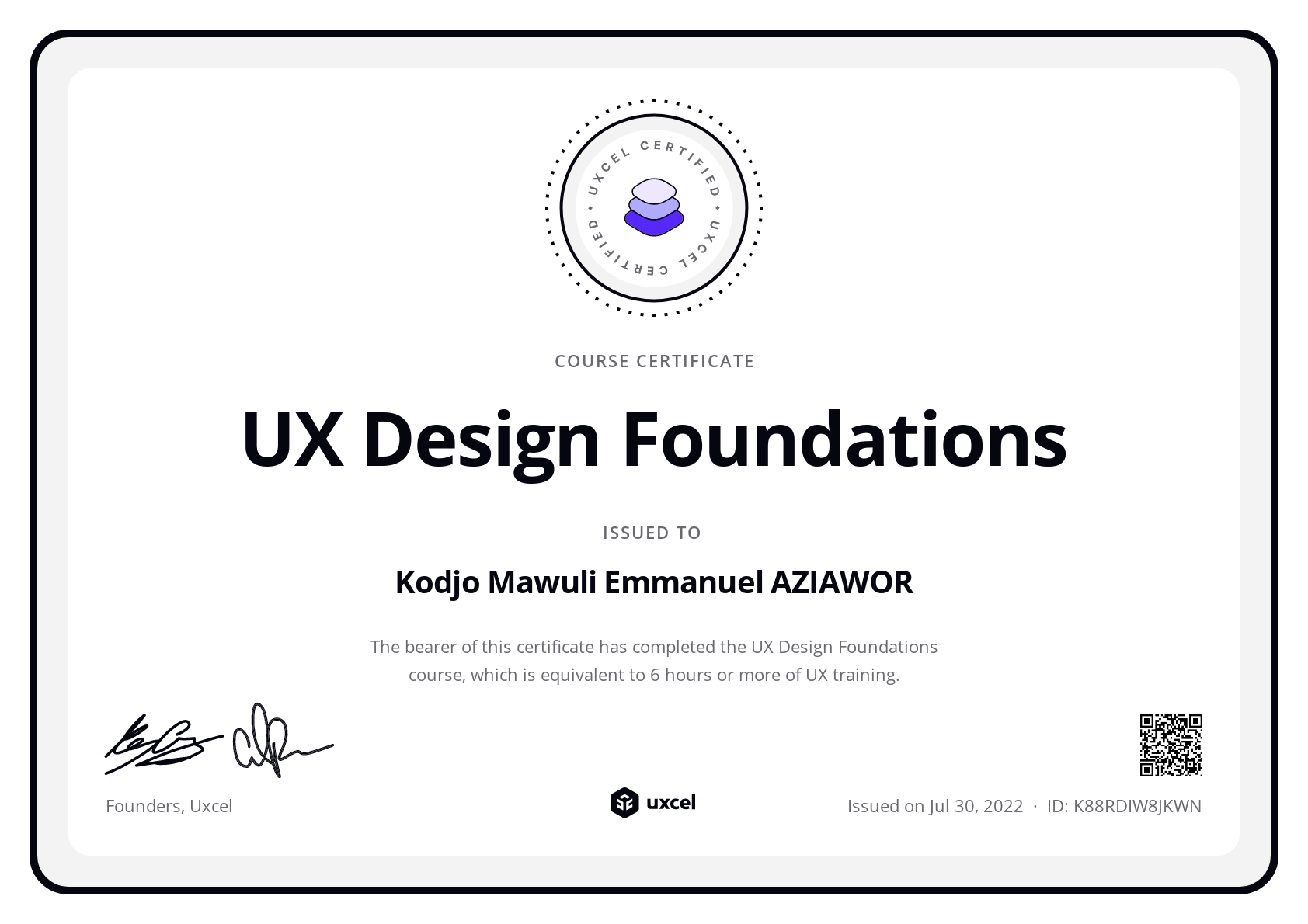 Emmanuel Aziawor's certificate